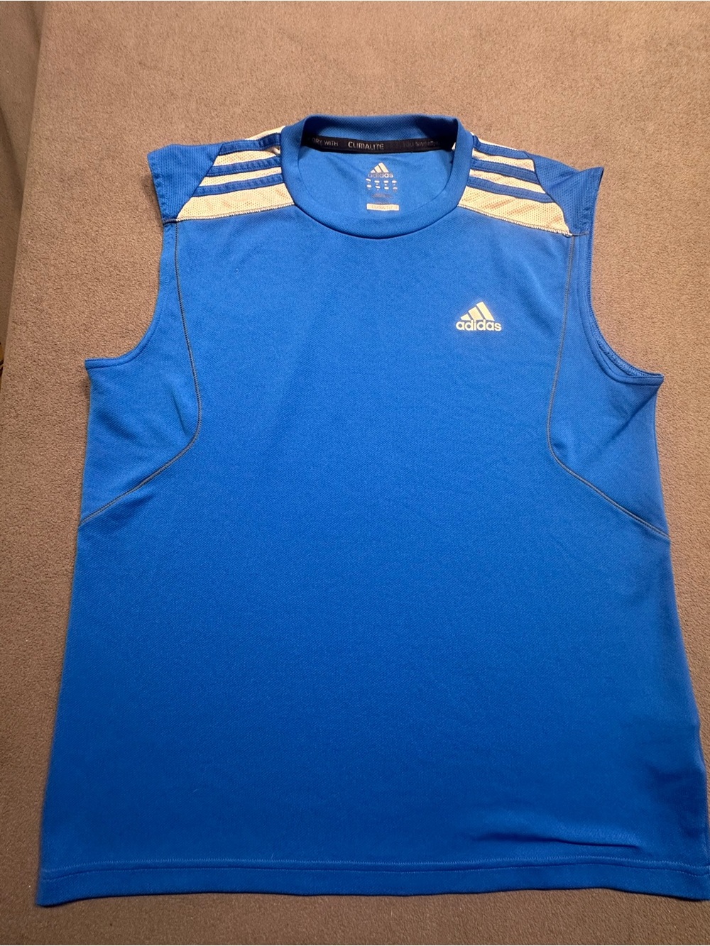 adidas Men’s Blue Sleeveless Swim Rash Guard with White Stripes